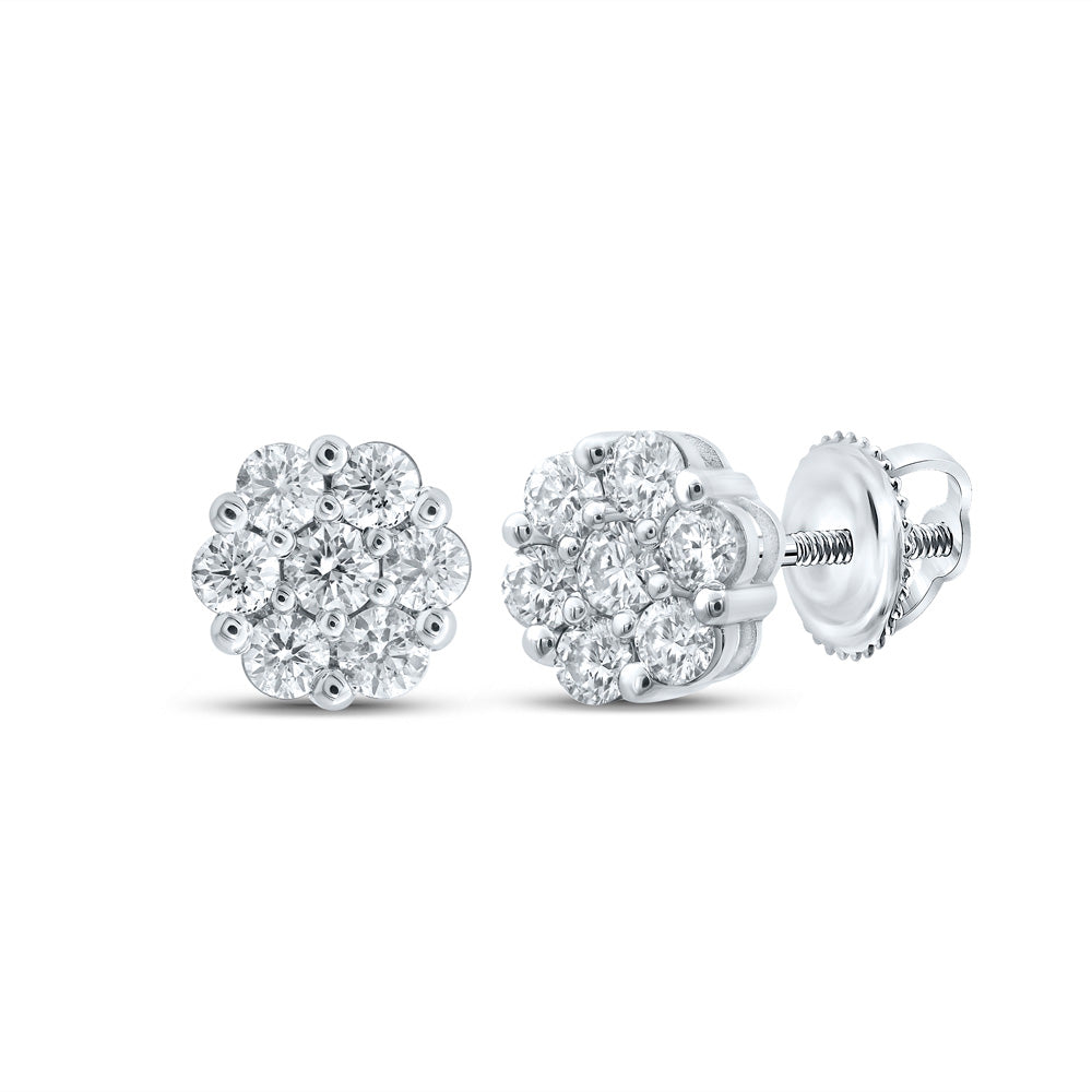 14kt White Gold Womens Round Diamond Flower Cluster Earrings 1-1/2 Cttw