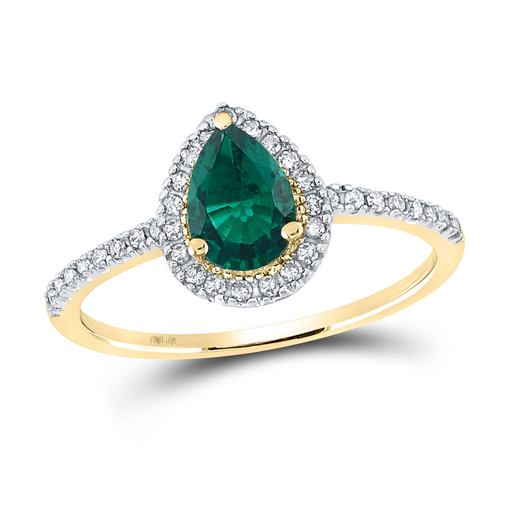 10kt Yellow Gold Womens Pear Lab-Created Emerald Solitaire Ring 7/8 Cttw