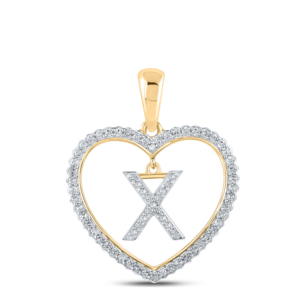 10kt Yellow Gold Womens Round Diamond Heart X Letter Pendant 1/4 Cttw