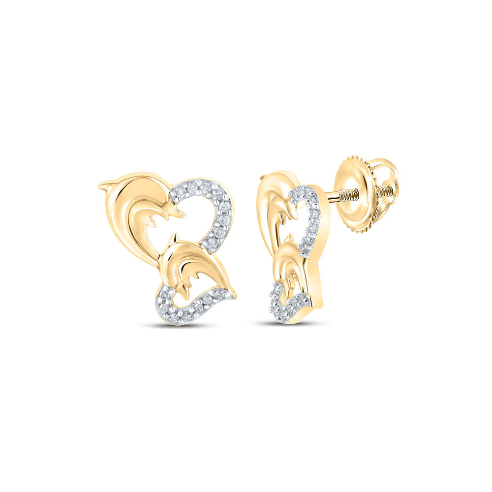 10kt Yellow Gold Womens Round Diamond Dolphin Heart Earrings 1/10 Cttw