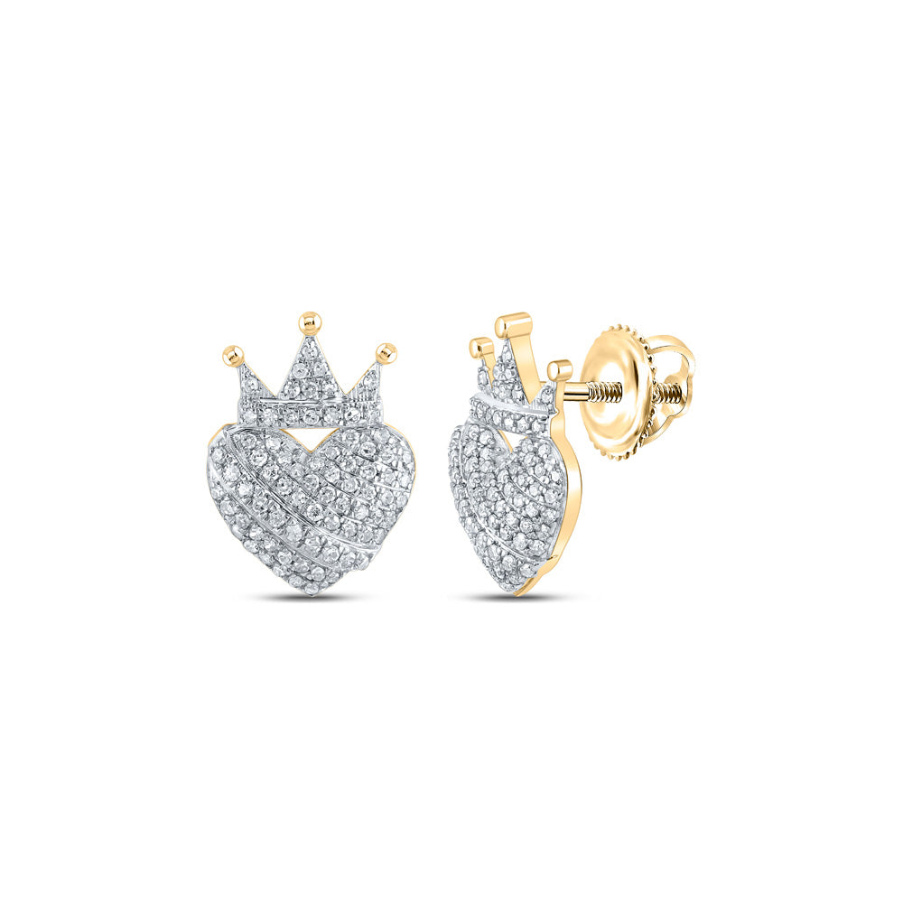 10kt Yellow Gold Womens Round Diamond Crown Heart Earrings 3/8 Cttw