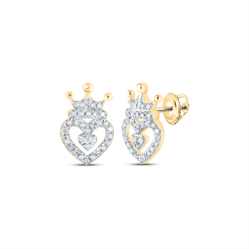 10kt Yellow Gold Womens Round Diamond Crown Heart Earrings 1/6 Cttw