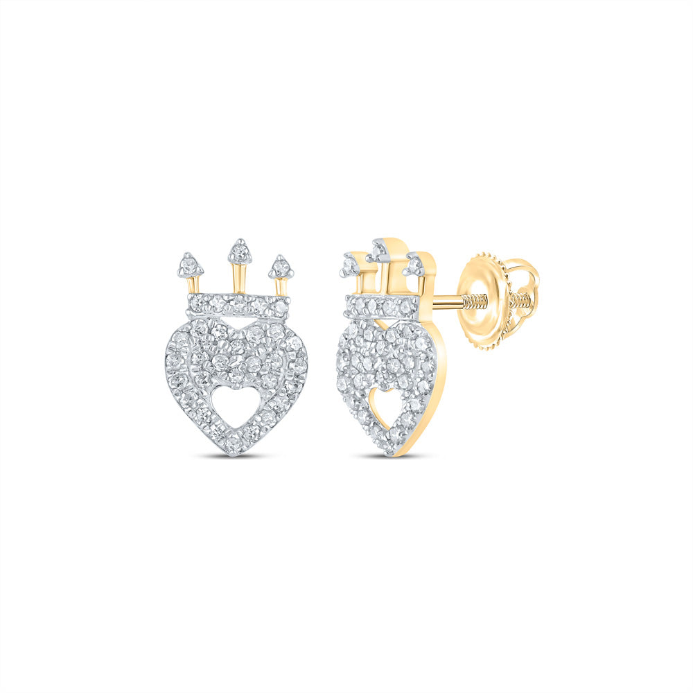 10kt Yellow Gold Womens Round Diamond Crown Heart Earrings 1/6 Cttw