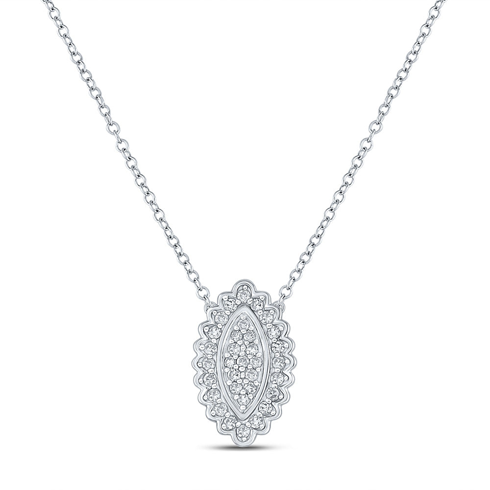 10kt White Gold Womens Round Diamond Vertical Oval Necklace 1/5 Cttw