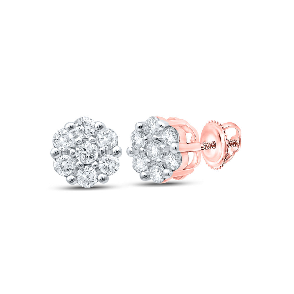 14kt Rose Gold Womens Round Diamond Flower Cluster Earrings 1/5 Cttw