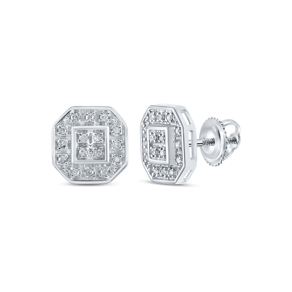 10kt White Gold Womens Round Diamond Octagon Cluster Earrings 1/10 Cttw