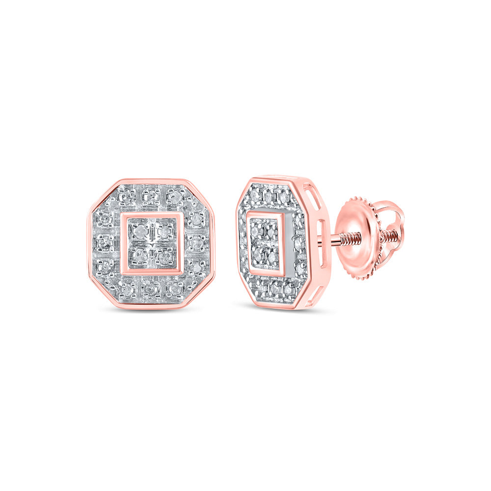 10kt Rose Gold Womens Round Diamond Octagon Cluster Earrings 1/10 Cttw