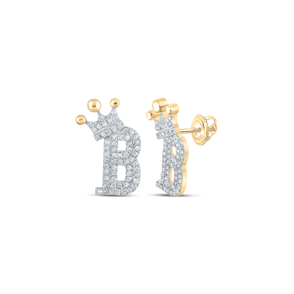 10kt Yellow Gold Womens Round Diamond B Crown Letter Earrings 1/3 Cttw