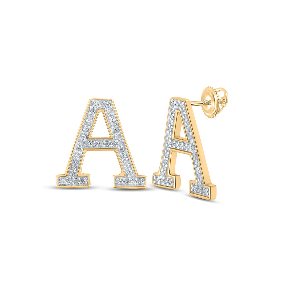 10kt Yellow Gold Womens Round Diamond A Initial Letter Earrings 1/6 Cttw