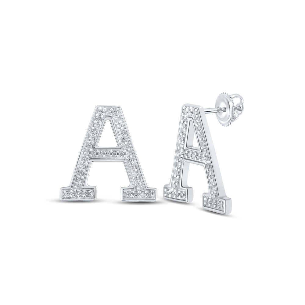 10kt White Gold Womens Round Diamond A Initial Letter Earrings 1/6 Cttw