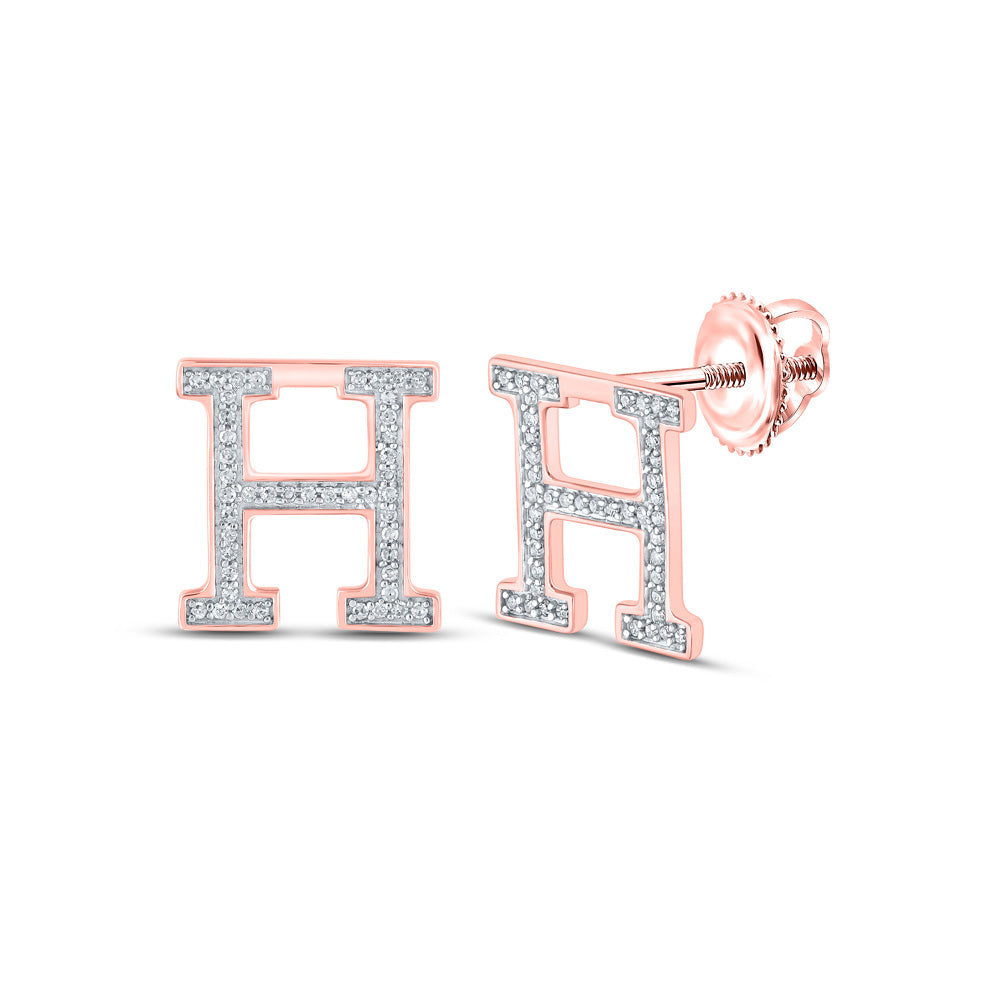 10kt Rose Gold Womens Round Diamond H Initial Letter Earrings 1/5 Cttw