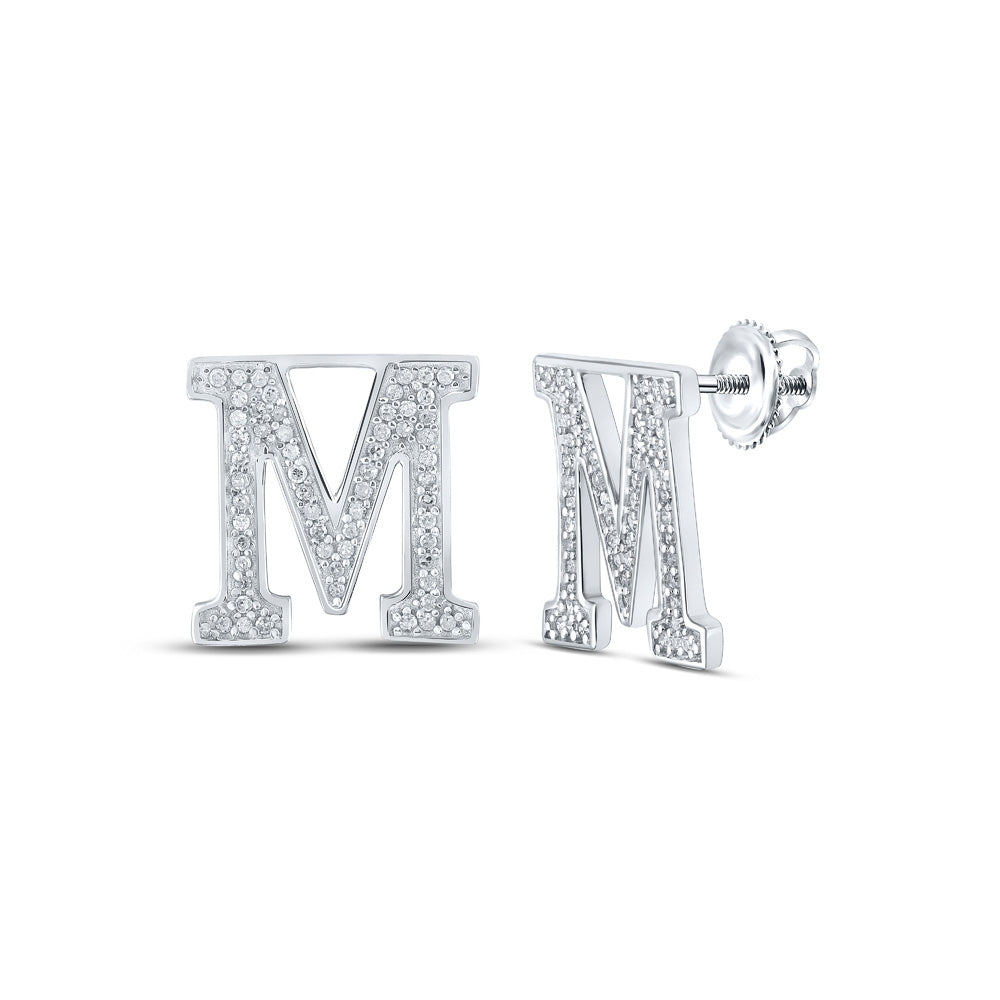 10kt White Gold Womens Round Diamond M Initial Letter Earrings 1/4 Cttw