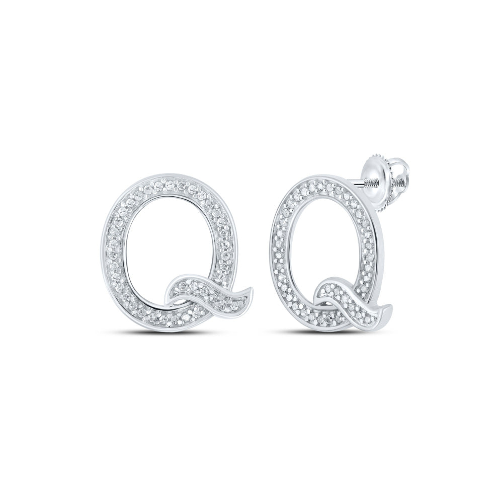 10kt White Gold Womens Round Diamond Q Initial Letter Earrings 1/6 Cttw