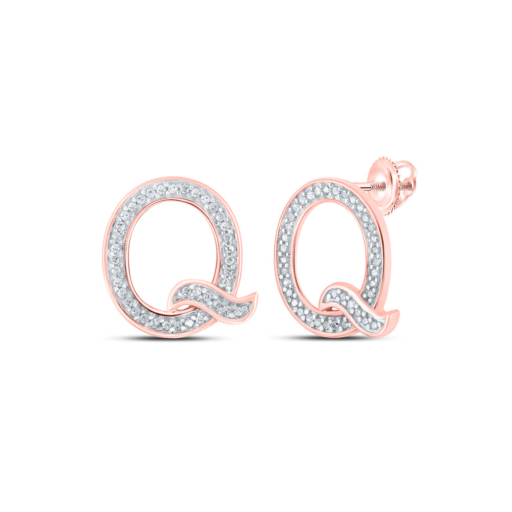 10kt Rose Gold Womens Round Diamond Q Initial Letter Earrings 1/6 Cttw