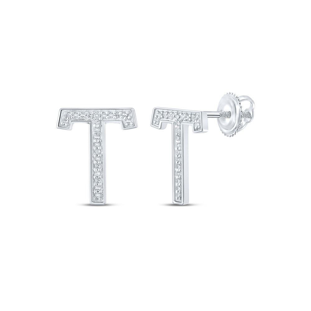 10kt White Gold Womens Round Diamond T Initial Letter Earrings 1/10 Cttw