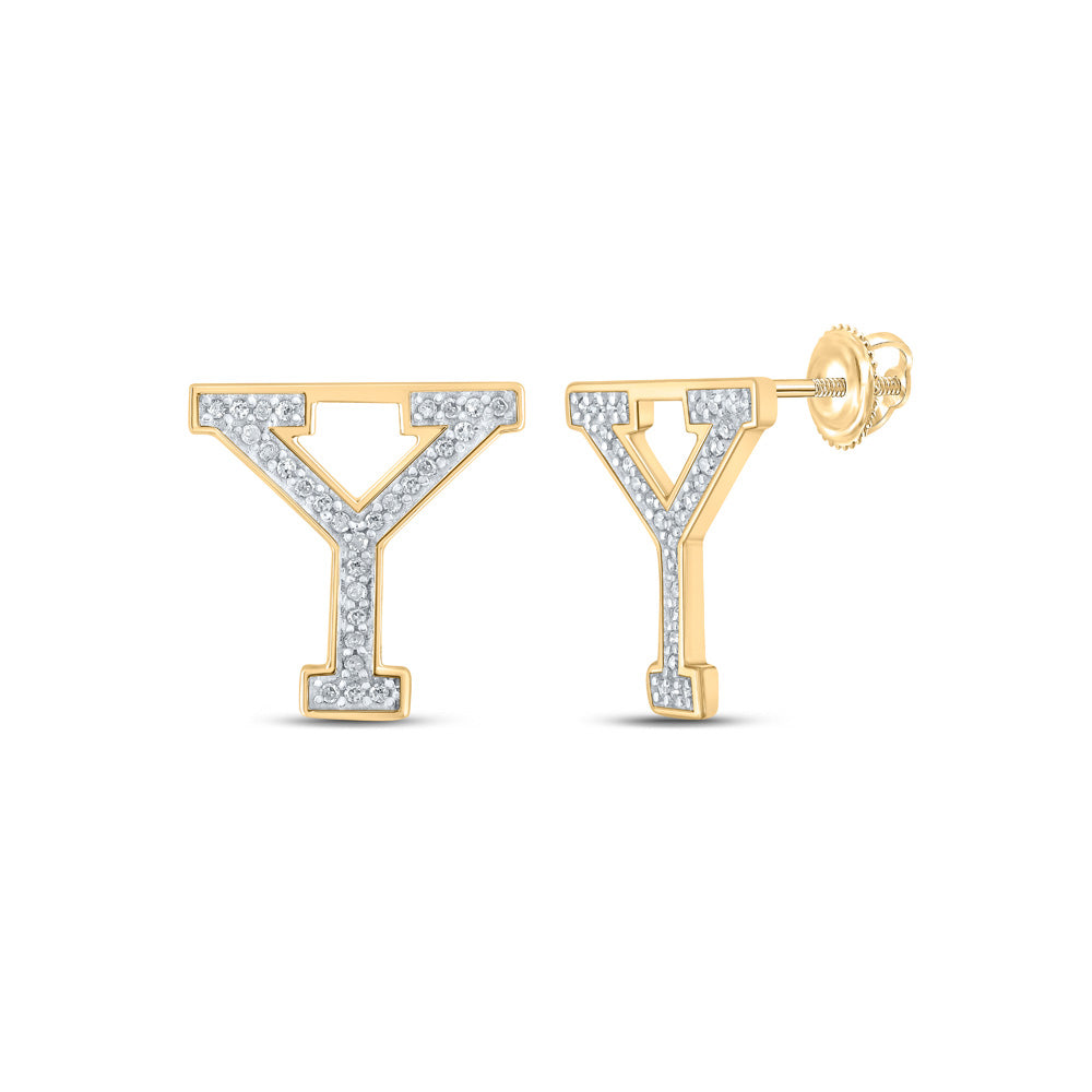 10kt Yellow Gold Womens Round Diamond Y Initial Letter Earrings 1/8 Cttw