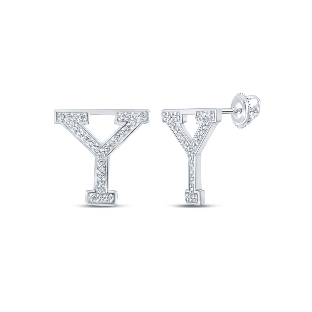 10kt White Gold Womens Round Diamond Y Initial Letter Earrings 1/8 Cttw