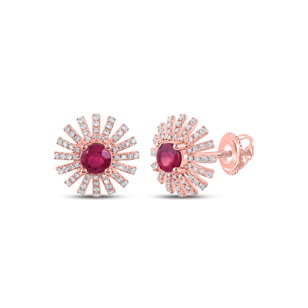 14kt Rose Gold Womens Round Ruby Diamond Fan Earrings 1-3/8 Cttw