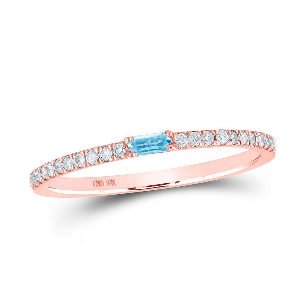 10kt Rose Gold Womens Baguette Aquamarine Diamond Band Ring 1/5 Cttw