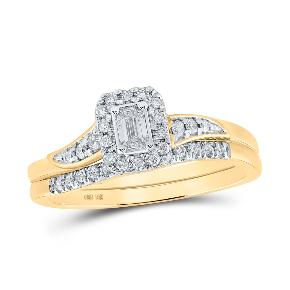 10kt Yellow Gold Emerald Diamond Bridal Wedding Ring Band Set 1/3 Cttw