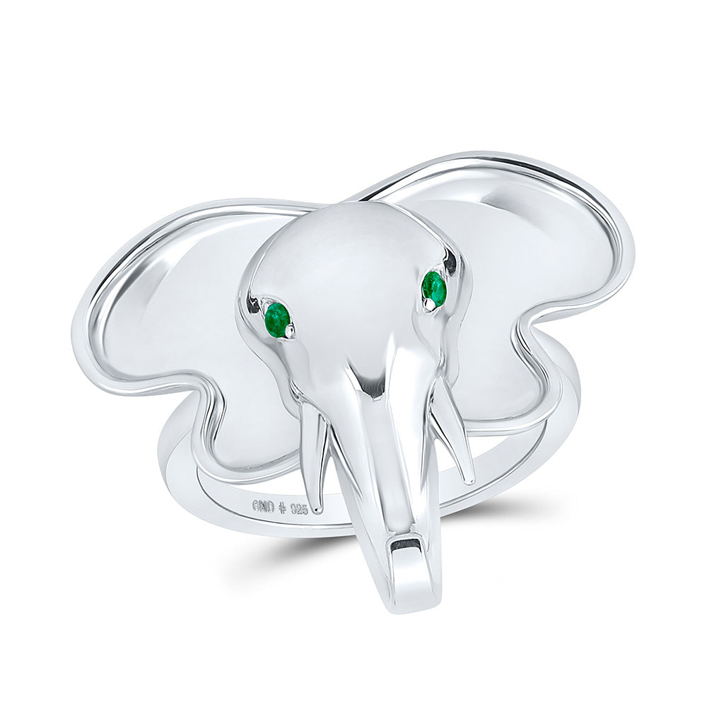 Sterling Silver Womens Round Emerald Elephant Animal Ring .03 Cttw