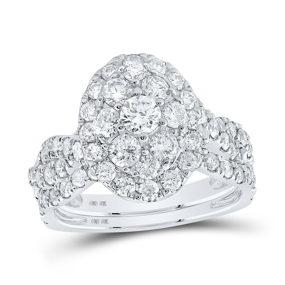 10kt White Gold Round Diamond Oval Cluster Bridal Wedding Ring Band Set 2 Cttw