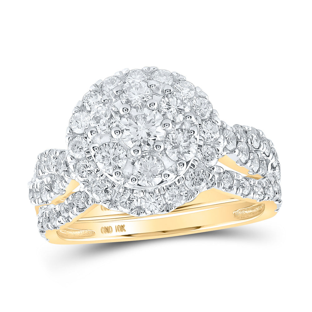 10kt Yellow Gold Round Diamond Cluster Bridal Wedding Ring Band Set 2 Cttw