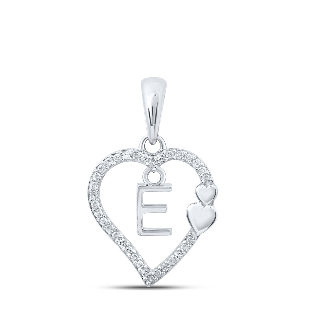 10kt White Gold Womens Round Diamond E Heart Letter Pendant 1/10 Cttw