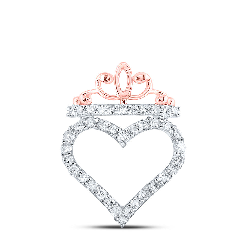10kt Rose Gold Womens Round Diamond Crown Heart Pendant 1/4 Cttw