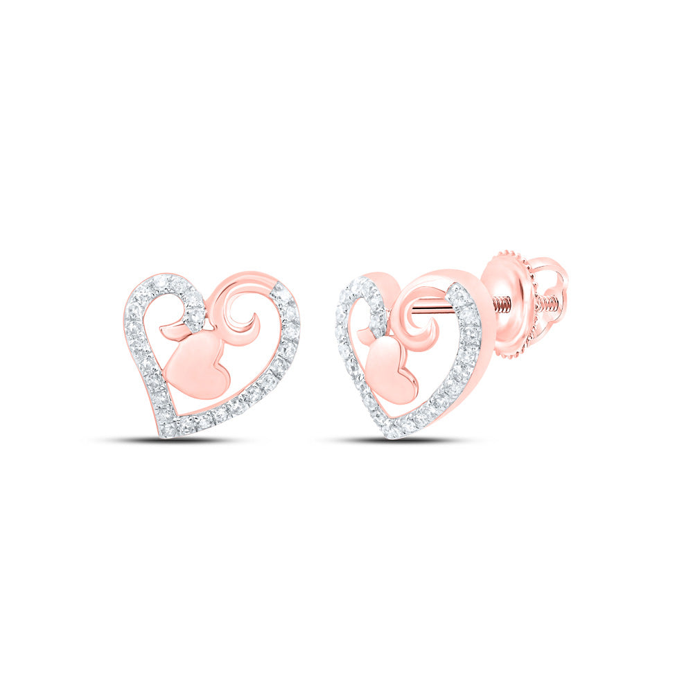 10kt Rose Gold Womens Round Diamond Heart Earrings 1/4 Cttw