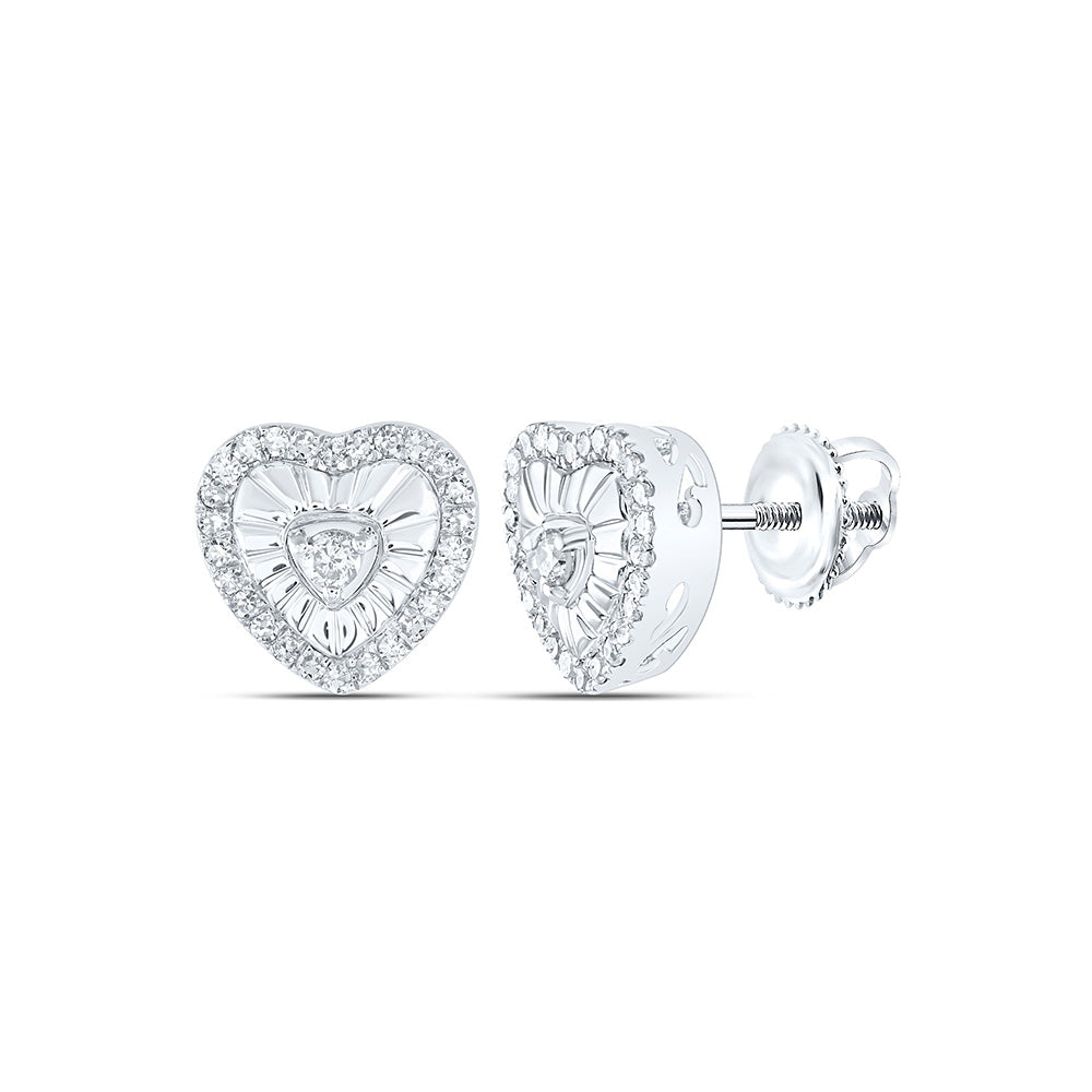 Sterling Silver Womens Round Diamond Heart Earrings 1/4 Cttw