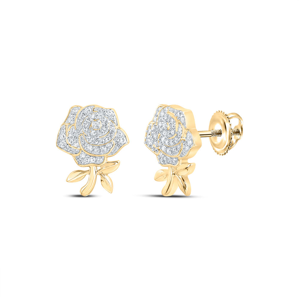 10kt Yellow Gold Womens Round Diamond Rose Flower Earrings 1/3 Cttw