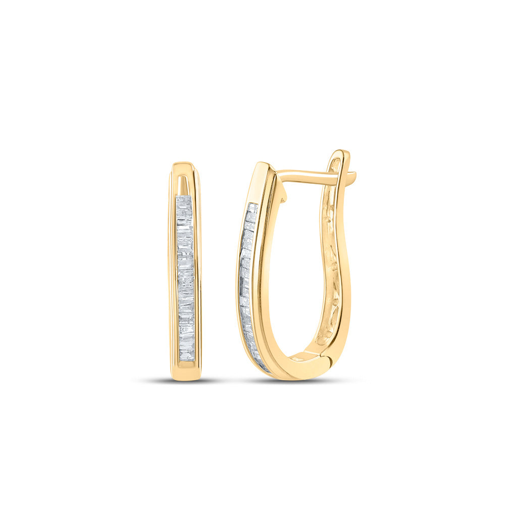 10kt Yellow Gold Womens Baguette Diamond Oblong Hoop Earrings 1/4 Cttw