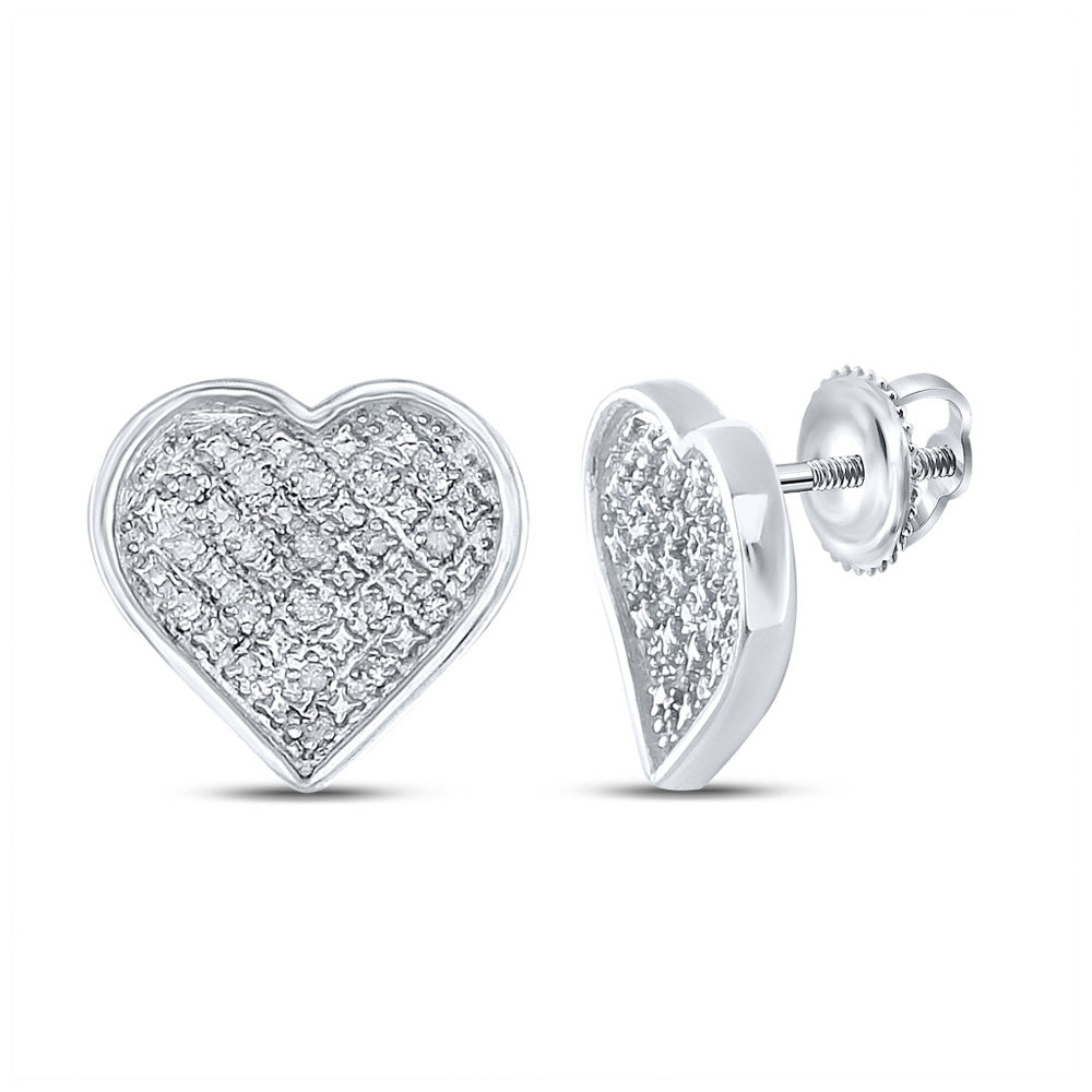 Sterling Silver Womens Round Diamond Heart Earrings 1/10 Cttw
