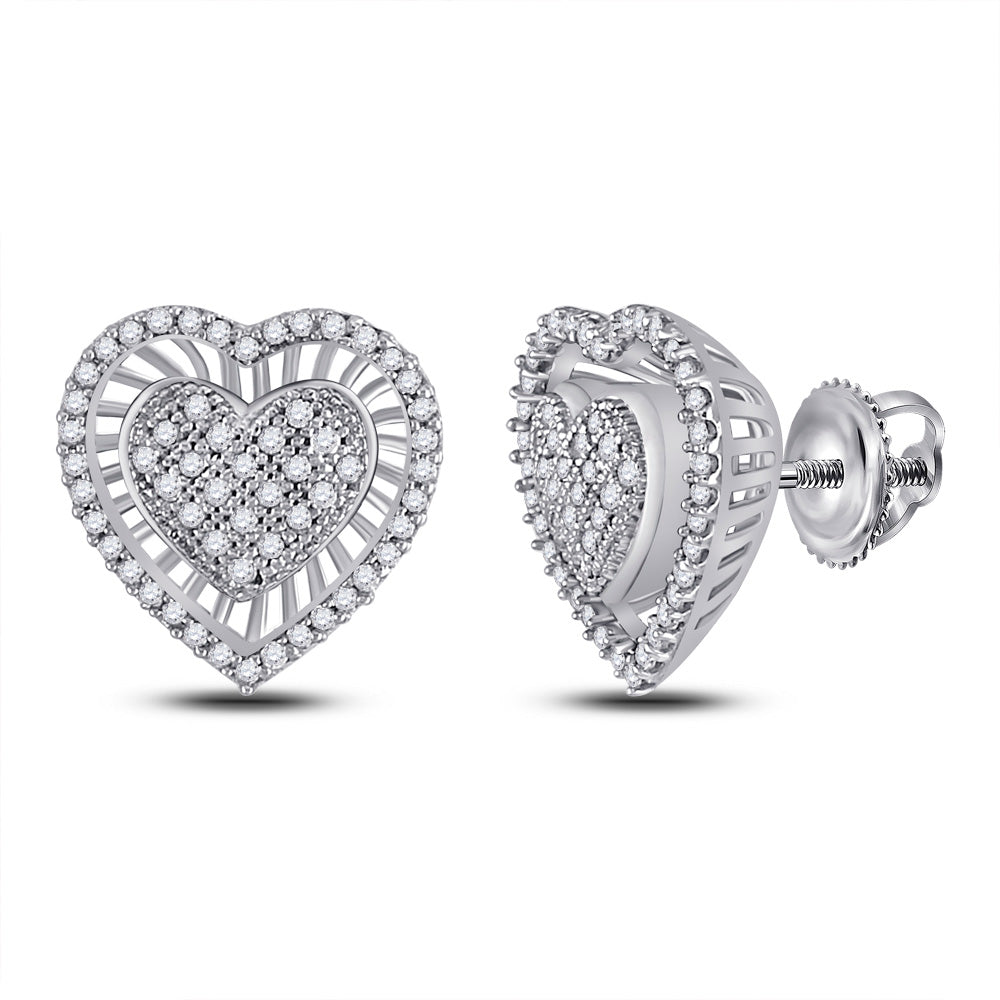10kt White Gold Womens Round Diamond Heart Cluster Earrings 1/3 Cttw
