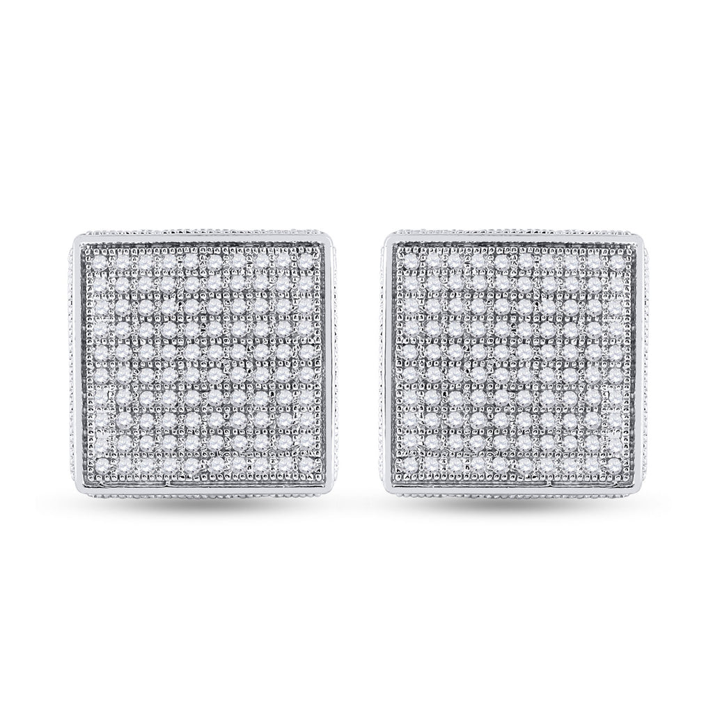 Sterling Silver Mens Round Diamond 3D Square Earrings 1/2 Cttw
