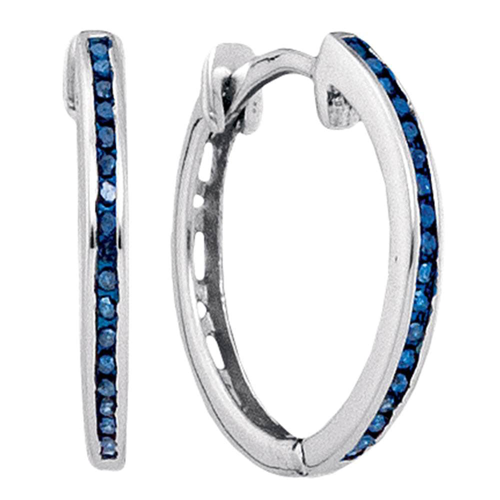 10k White Gold Blue Color Enhanced Round Diamond Womens Slender Hoop Earrings 1/10 Cttw