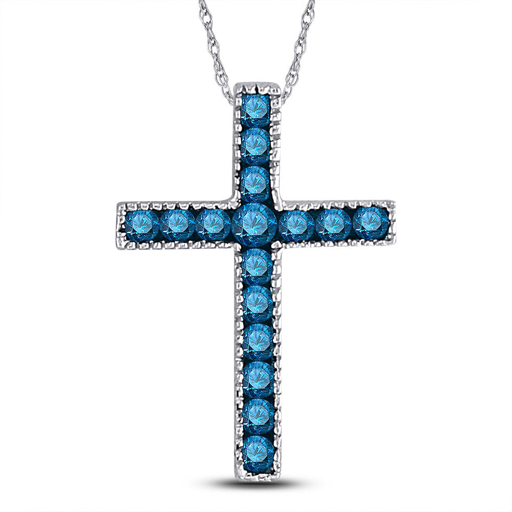 10kt White Gold Womens Round Blue Color Enhanced Diamond Small Cross Pendant 1/6 Cttw