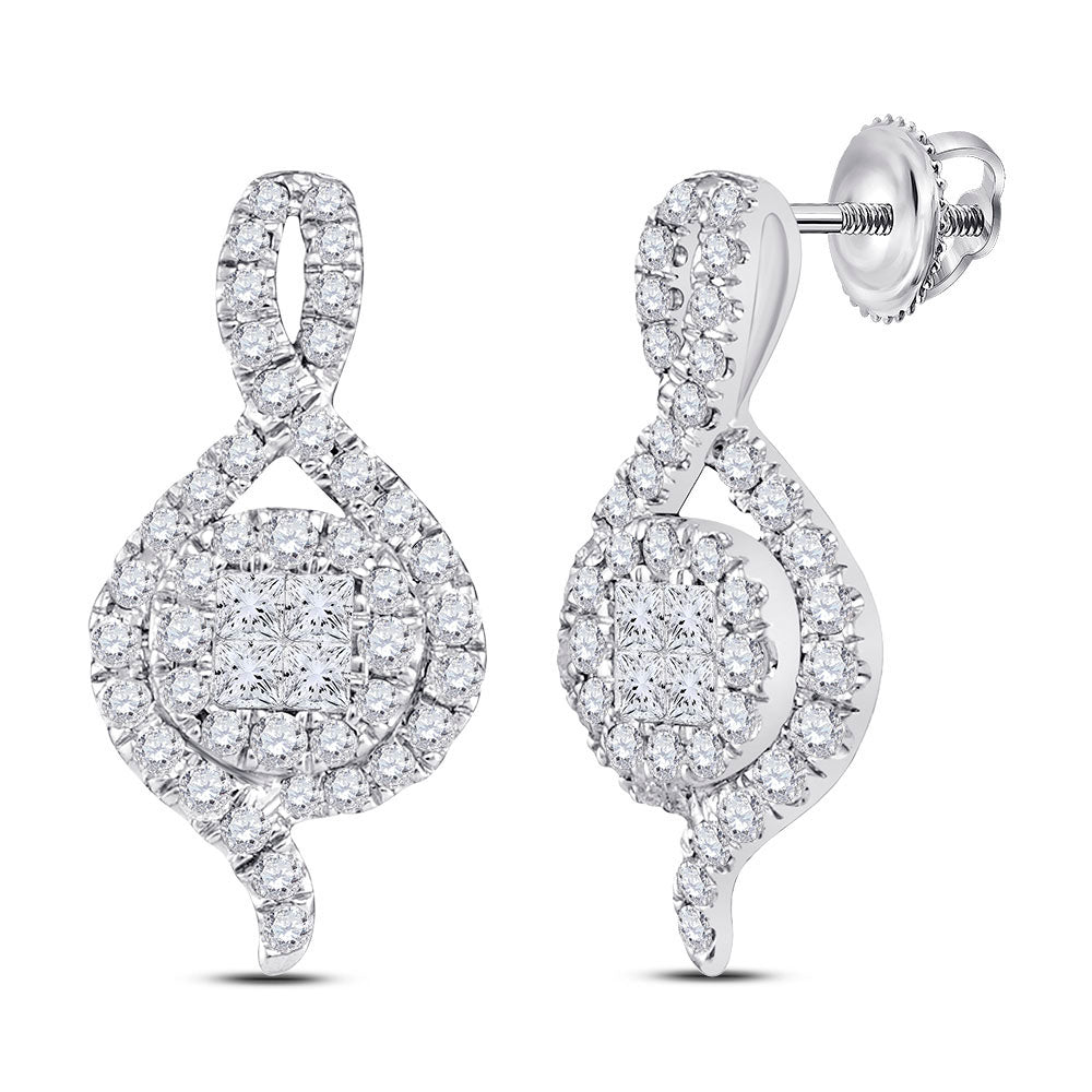 14kt White Gold Womens Princess Round Diamond Cluster Earrings 1/2 Cttw